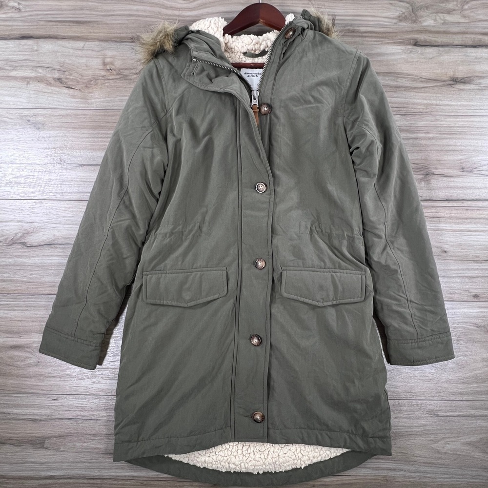Abercrombie & Fitch Sherpa Lined Parka Olive Green Faux Fur Hood Women's Medium